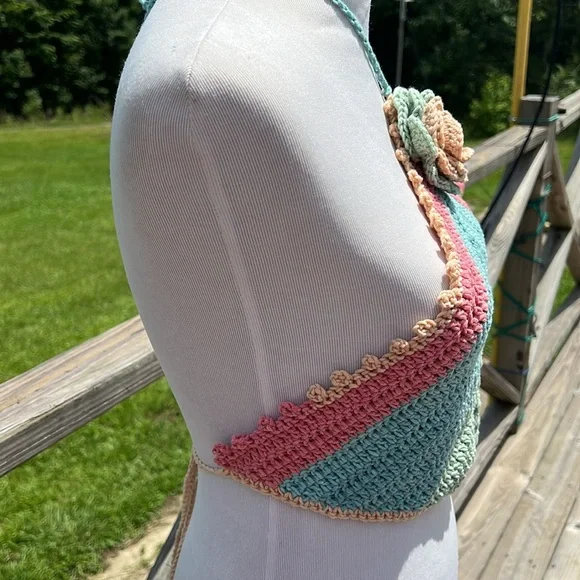 Crochet Halter Top with Floral Accent Handmade - Picture 4 of 5